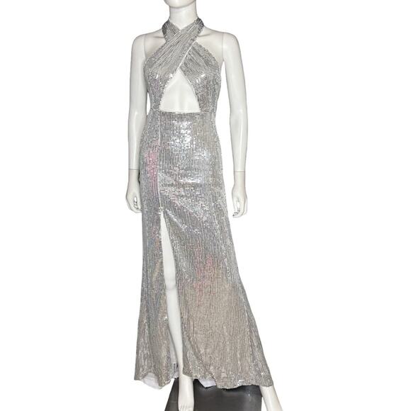 Alice + Olivia May Halter Neck Sequin Maxi Gown Dress Silver Women’s Sz 0 - Picture 2 of 8